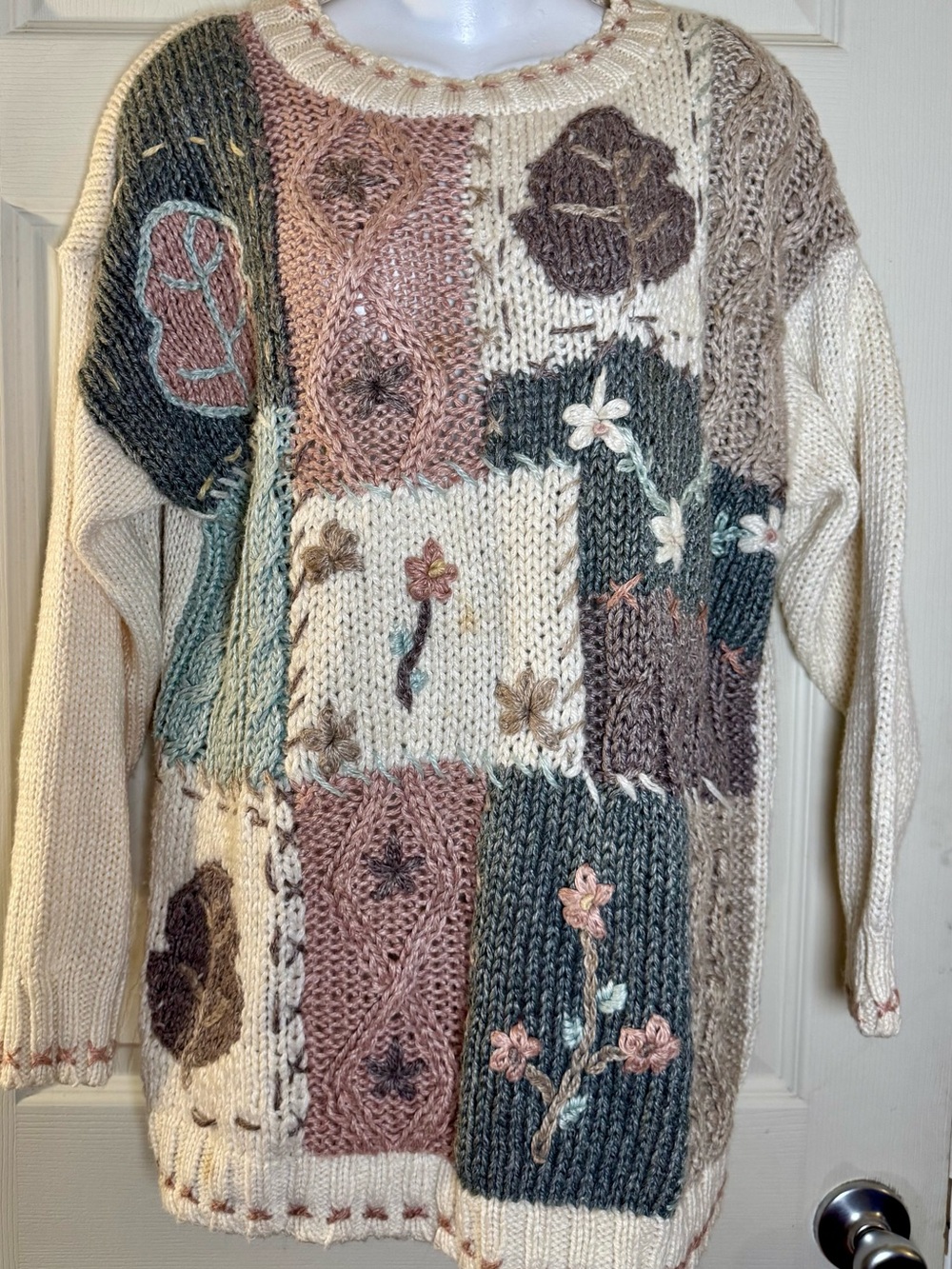 Needles & Yarn Patchwork Knit Sweater With floral embroidery